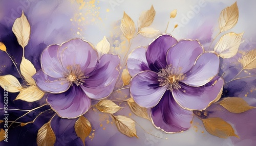 purple flowers with golden accents in soft pastel oil painting style for luxurious wall decor