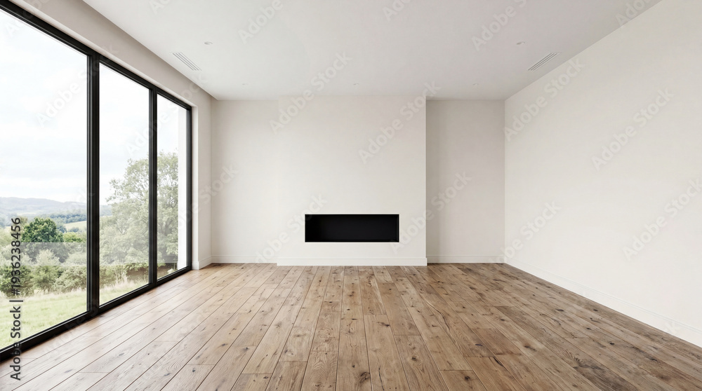 Fototapeta premium Modern minimal living room featuring wood floor with a large window elegant contemporary white room ,Color of the Year 2026 – Cloud Dancer ,copy space ,empty room.3Drender