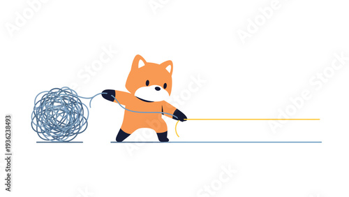 Cute fox untangling a chaotic knot into a straight line, symbolizing problem-solving, simplification, and clarity