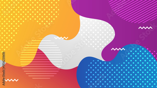 Dynamic abstract background with multi colored fluid blobs, polka dots, and wavy lines in memphis design style