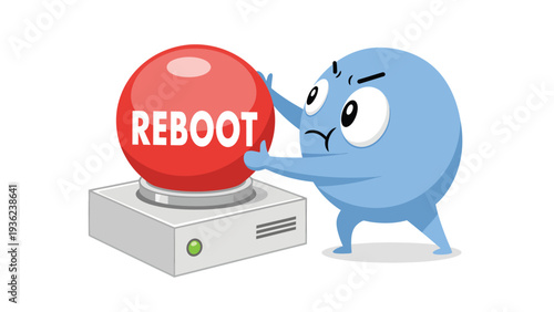 Frustrated cartoon character pushing 'REBOOT' button, system restart and troubleshooting concept