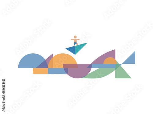 Minimal flat vector illustration of a small human figure calmly surfing on abstract wave