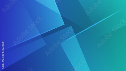 Sharp cyan and blue overlapping geometric layers with light rays and glass texture