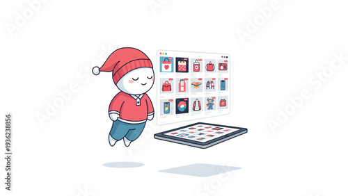Adorable character floating, interacting with digital product catalog and tablet for online shopping and app browsing