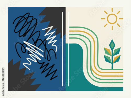 Minimal split composition flat vector illustration showing Anxiety vs Calm Comparison