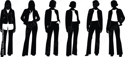 Business women silhouettes in professional attire with blazers, trousers, blouses, workplace poses, corporate fashion vector illustration design collection