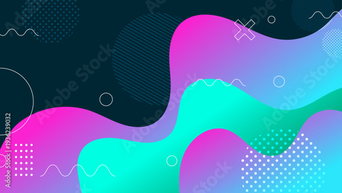 Colorful abstract background with wavy pink and cyan fluid shapes and geometric patterns