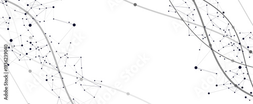 Abstract background with network connection structure. Plexus of dots and lines representing technology, data, and scientific communication on a wide white banner.