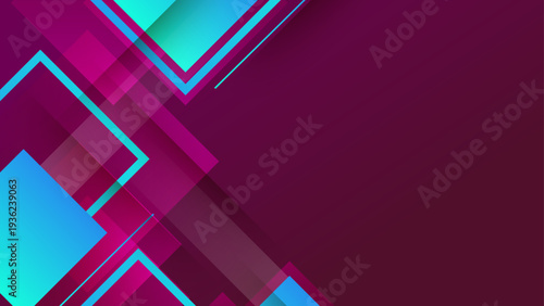 Elegant abstract background with glowing cyan and magenta geometric squares on a deep purple canvas