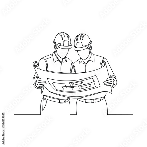 Continuous line drawing of two engineers or architects wearing hard hats and discussing construction blueprints on a project site.