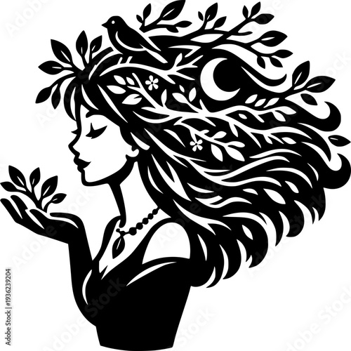 Woman of Nature Illustration: An illustration embodies the essence of nature, featuring a woman intertwined with botanical elements. Her flowing hair transforms into branches and leaves.
