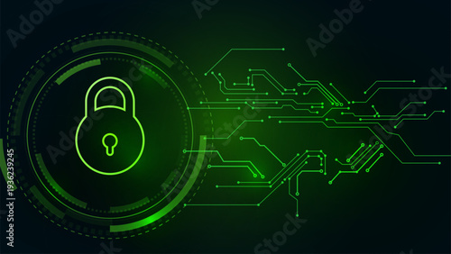 Abstract background with a glowing green padlock and circuit board. Concept of cyber security, data protection, privacy, and digital network safety.