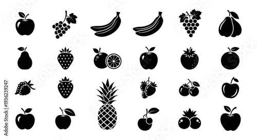 Diverse black silhouette fruits icons collection