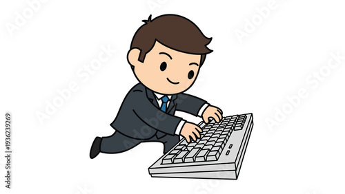 Businessman Character Typing on Computer Keyboard - Professional Work Illustration