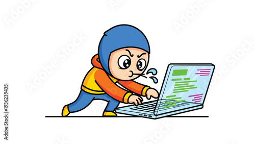 Intense cartoon character furiously coding on a laptop, depicting focused effort and frustration.