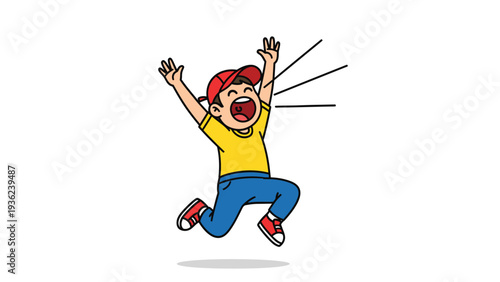 Excited cartoon boy jumping and shouting with raised hands, expressing strong emotion or excitement.