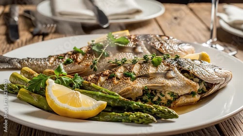 Steaming grilled whole fish with asparagus and lemon on a rustic table.