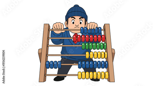 Focused cartoon man in beanie calculating diligently with a traditional, colorful abacus on a white background.