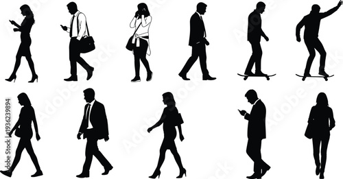 Set of black silhouettes featuring business people walking, commuting, using smartphones, and riding skateboards in a modern urban city environment.