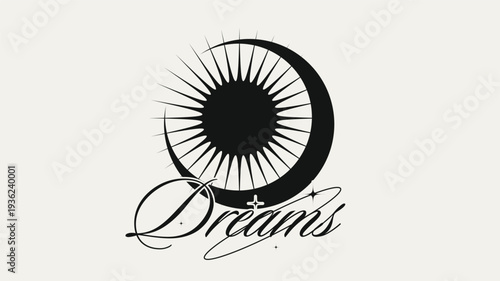 United Sun and Moon with 'Dreams' Calligraphy, Minimal Black and White Sign Poster Art