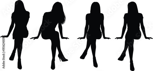 Set of four elegant female silhouettes sitting in various poses with crossed legs isolated on white background for fashion design