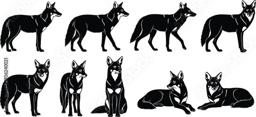Canine silhouettes, wolf or coyote figures, standing profiles, sitting posture, reclining stance, front view, wildlife illustration, animal design, outdoor theme, nature art