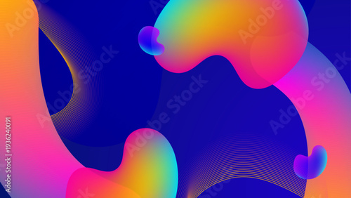 Dynamic multicolored fluid blobs with yellow pink and blue gradients flowing in a deep blue space