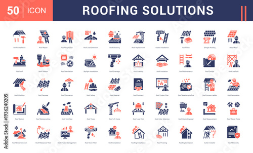 Roofing Solutions Icon Set. Roof Installation, Roof Repair, Roof Inspection, Roof Leak Detection, Roof Cleaning and more. Glyph Dual Tone style vector icons collection.