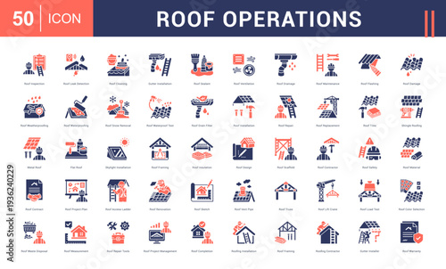 Roof Operations Icon Set. Roof Inspection, Roof Leak Detection, Roof Cleaning, Gutter Installation, Roof Sealant and more. Glyph Dual Tone style vector icons collection.