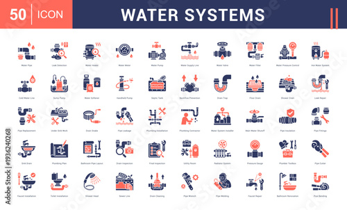 Water Systems Icon Set. Water Pipe, Leak Detection, Water Heater, Water Meter, Water Pump and more. Glyph Dual Tone style vector icons collection.