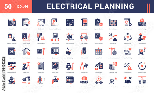 Electrical Planning Icon Set. Electrical Plan, Electrical Permit, Site Survey, Electrical Load Calculation, Circuit Mapping and more. Glyph Dual Tone style vector icons collection.