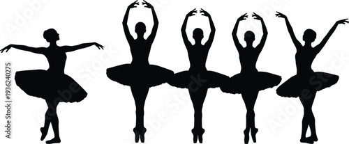 Silhouette of five elegant ballerinas in tutus performing various ballet positions including en pointe and graceful arm movements on white.