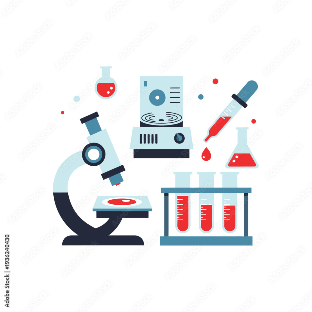 Naklejka premium Microscope, Test Tubes, Pipette, Flasks: Scientific Research and Laboratory Equipment