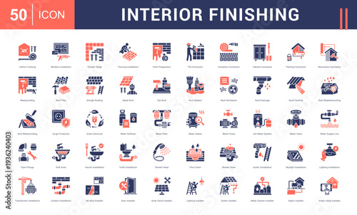 Interior Finishing Icon Set. Interior Framing, Window Installation, Drywall Setup, Flooring Installation, Paint Preparation and more. Glyph Dual Tone style vector icons collection.
