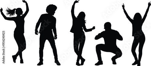 Silhouette of Diverse Young People Dancing and Having Fun at a Party Celebration with Joyful Energetic Poses on White Background