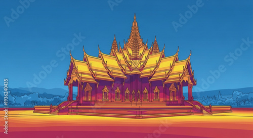 Ornate southeast asian temple with golden roof and spire against blue sky and mountains