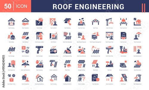 Roof Engineering Icon Set. Roof Framing, Roof Insulation, Roof Design, Roof Scaffold, Roof Flashing and more. Glyph Dual Tone style vector icons collection.