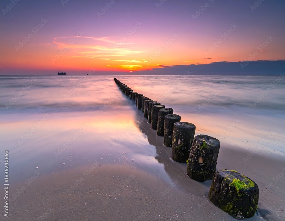 custom made wallpaper toronto digitalLong exposure shot of a sunset over the sea with a line of wooden posts leading the eye towards the horizon