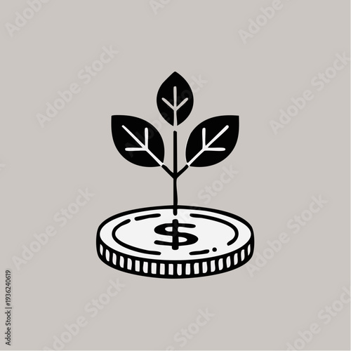 Growing Investment Coin with Dollar Sign and Leaves.
