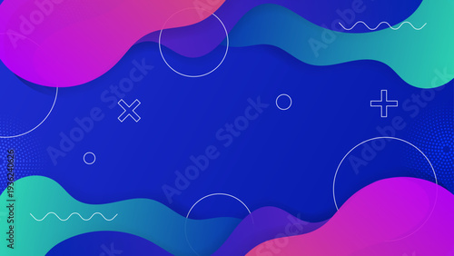 Refreshing blue and teal fluid wave layers decorated with white geometric outlines and shapes