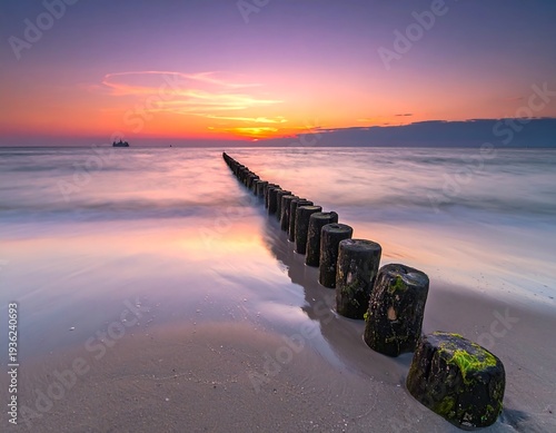 Wallpaper Mural Long exposure shot of a sunset over the sea with a line of wooden posts leading the eye towards the horizon Torontodigital.ca