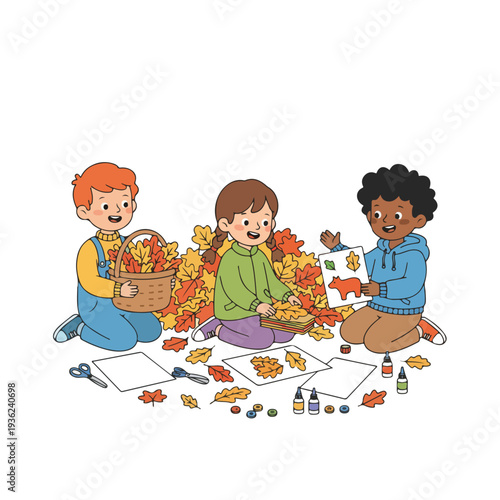 Three diverse children are happily engaged in autumn leaf crafting on the floor, surrounded by colorful leaves and art supplies.