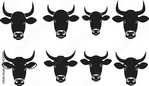 Collection of simple black cow and bull head silhouettes for branding