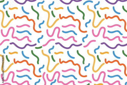 Seamless Memphis Style Pattern with Colorful Hand Drawn Squiggles and Wavy Lines on White Background