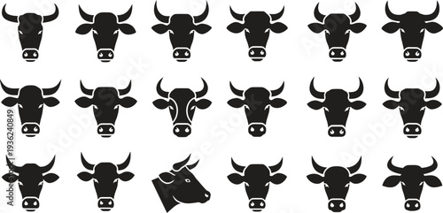 Arrangement of cow and bull head icons, vector graphics for farm and ranch labels