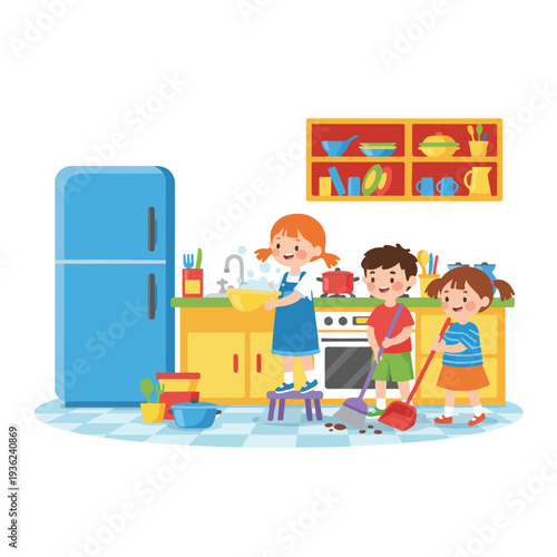 Three cheerful children are actively helping with household chores in a colorful kitchen, washing dishes and sweeping the floor.