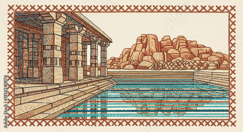 Serene desert oasis with ancient architecture and tranquil pool surrounded by rocky landscape