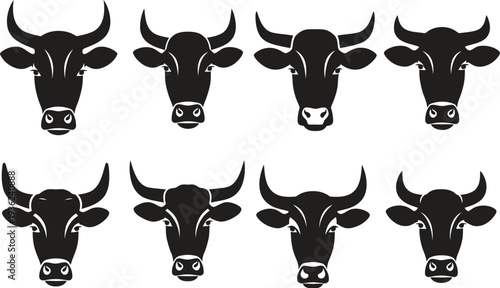 Group of black cow and bull head icons, vector art for agricultural businesses