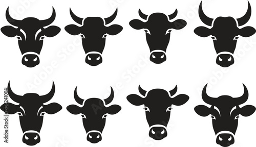 Set of Eight Black Stylized Cow Head Silhouette Icons for Farm and Meat Logos