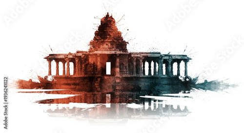 Ancient temple with columns and tower watercolor style reflection on water vibrant red and blue hues mystical atmosphere ancient architecture cultural landmark serene environment